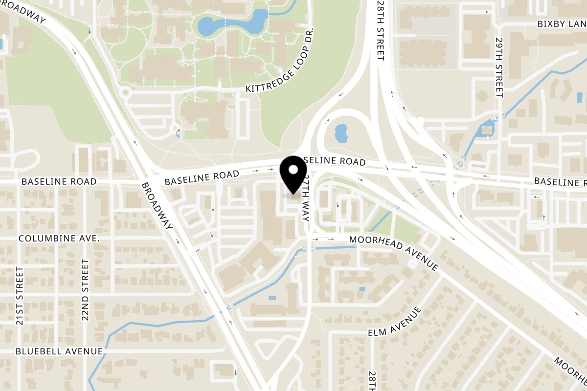 Map showing the location of Shreddy's Tacos on 2690 Baseline Rd in Boulder